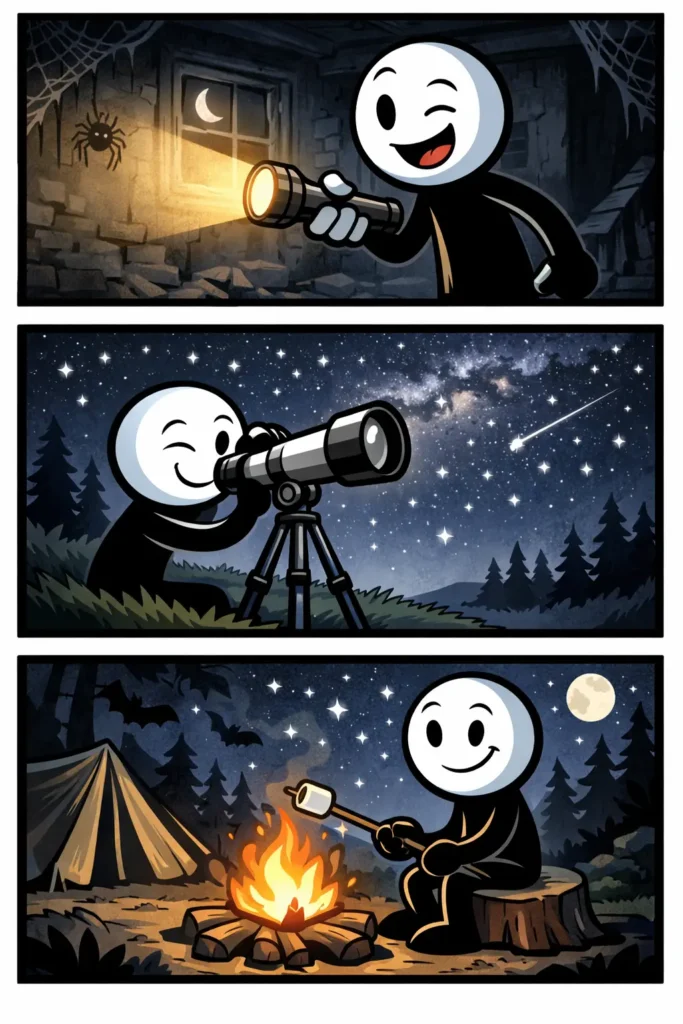 Stickman zit in duisternis met zachte lichtbron die een deel van de omgeving zichtbaar maakt.