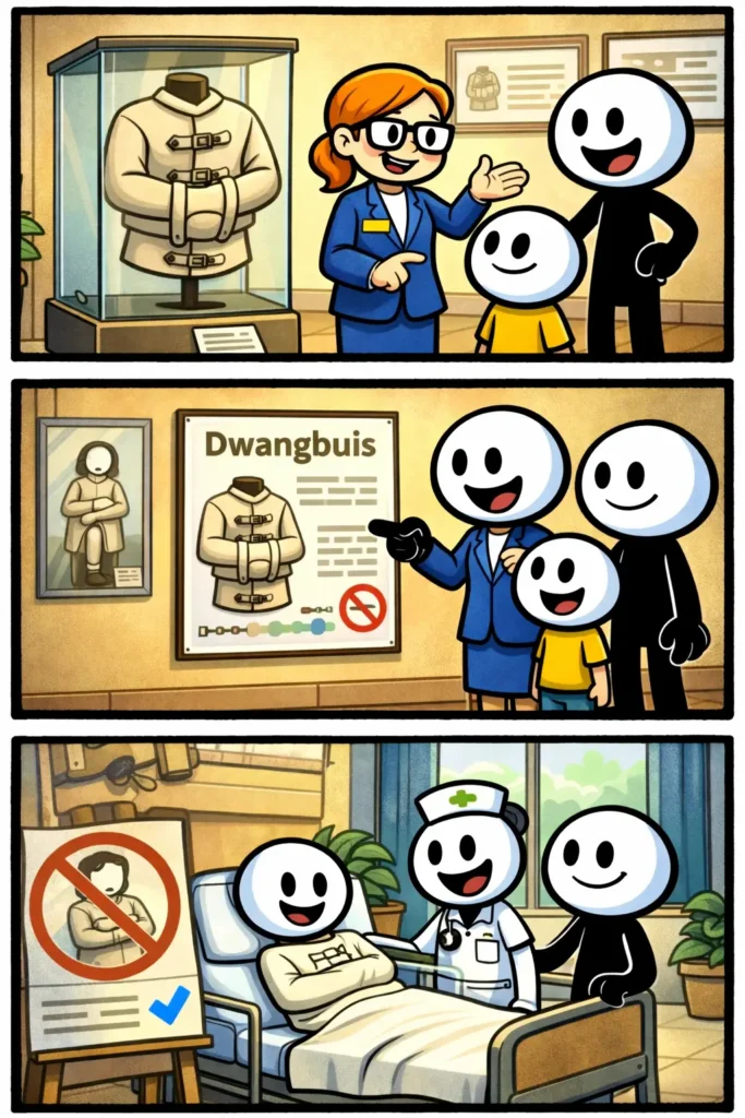 Stripafbeelding van een dwangbuis als historisch object in een museum en een moderne zorgomgeving zonder gebruik ervan.