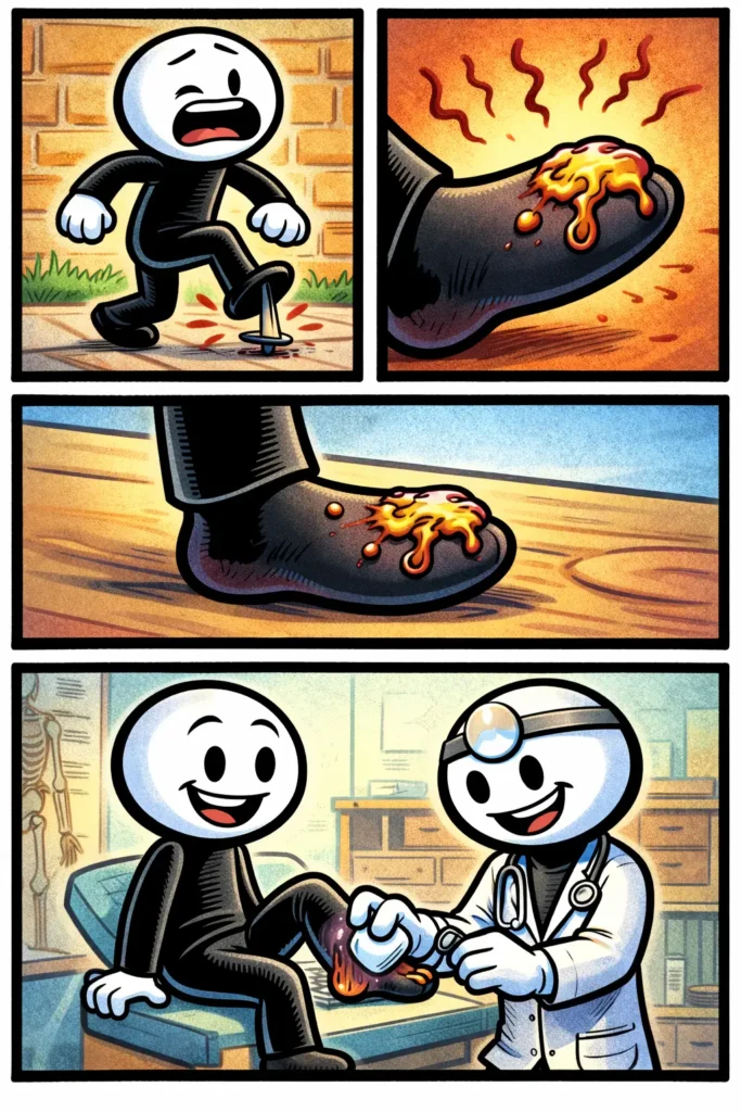 Stickman met een zwerende wond die over drie scènes wordt getoond.