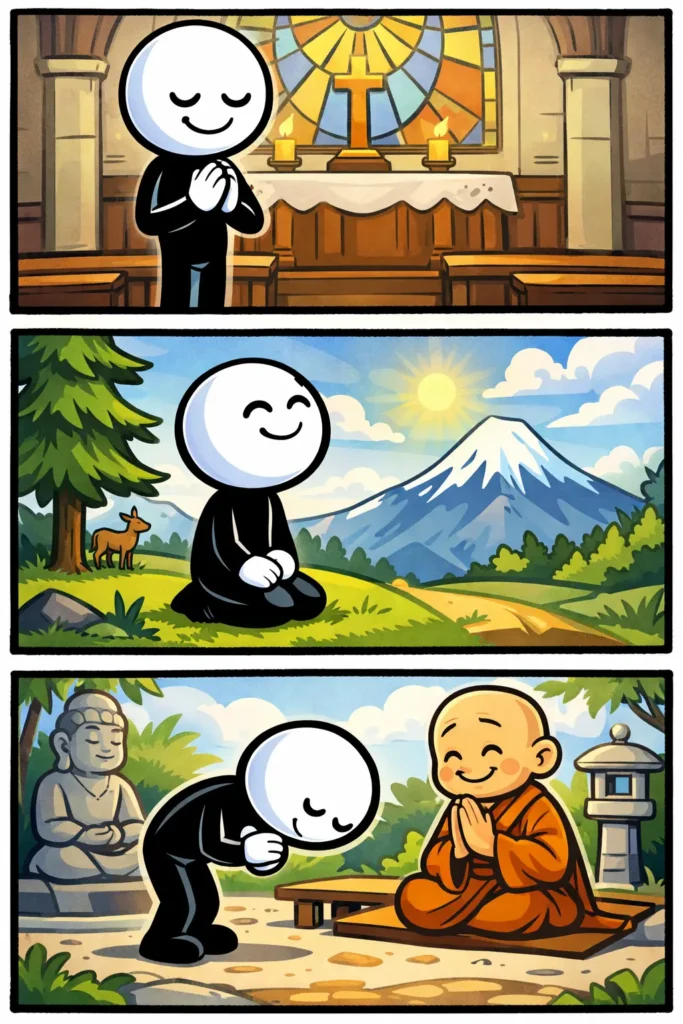 Een Toonwords-afbeelding waarin een stickman eerbied toont in drie momenten.