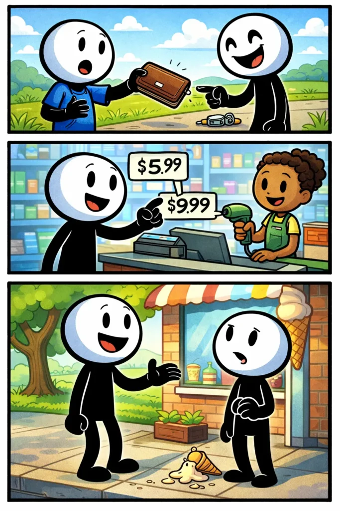 Stickman in drie panelen die verschillende momenten van eerlijk handelen laat zien in afwisselende buiten- en winkeldecors.