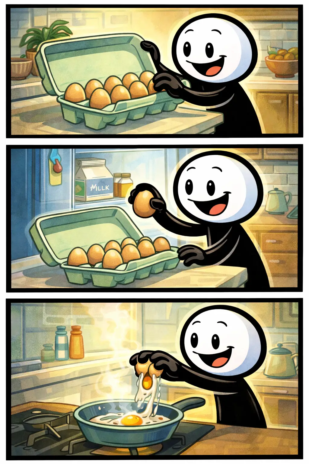 Illustratie van een eierdoos geopend op een aanrecht in Toonwords-stijl.