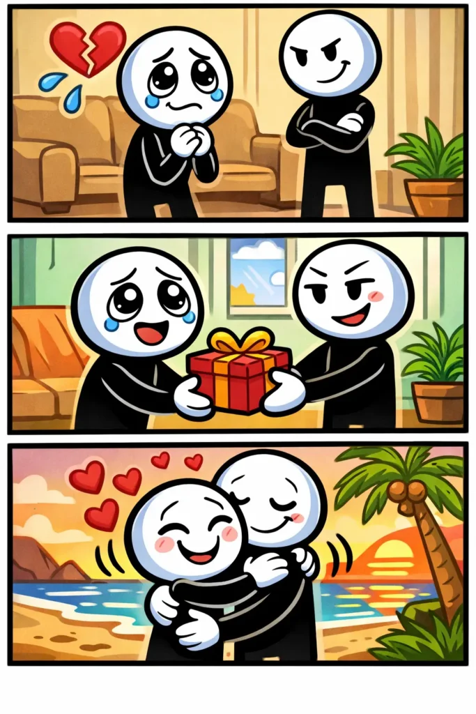 Stripafbeelding in Toonwords-stijl waarin emotionele chantage wordt uitgebeeld door een stickman die met verdriet en cadeaus invloed probeert uit te oefenen op een ander.