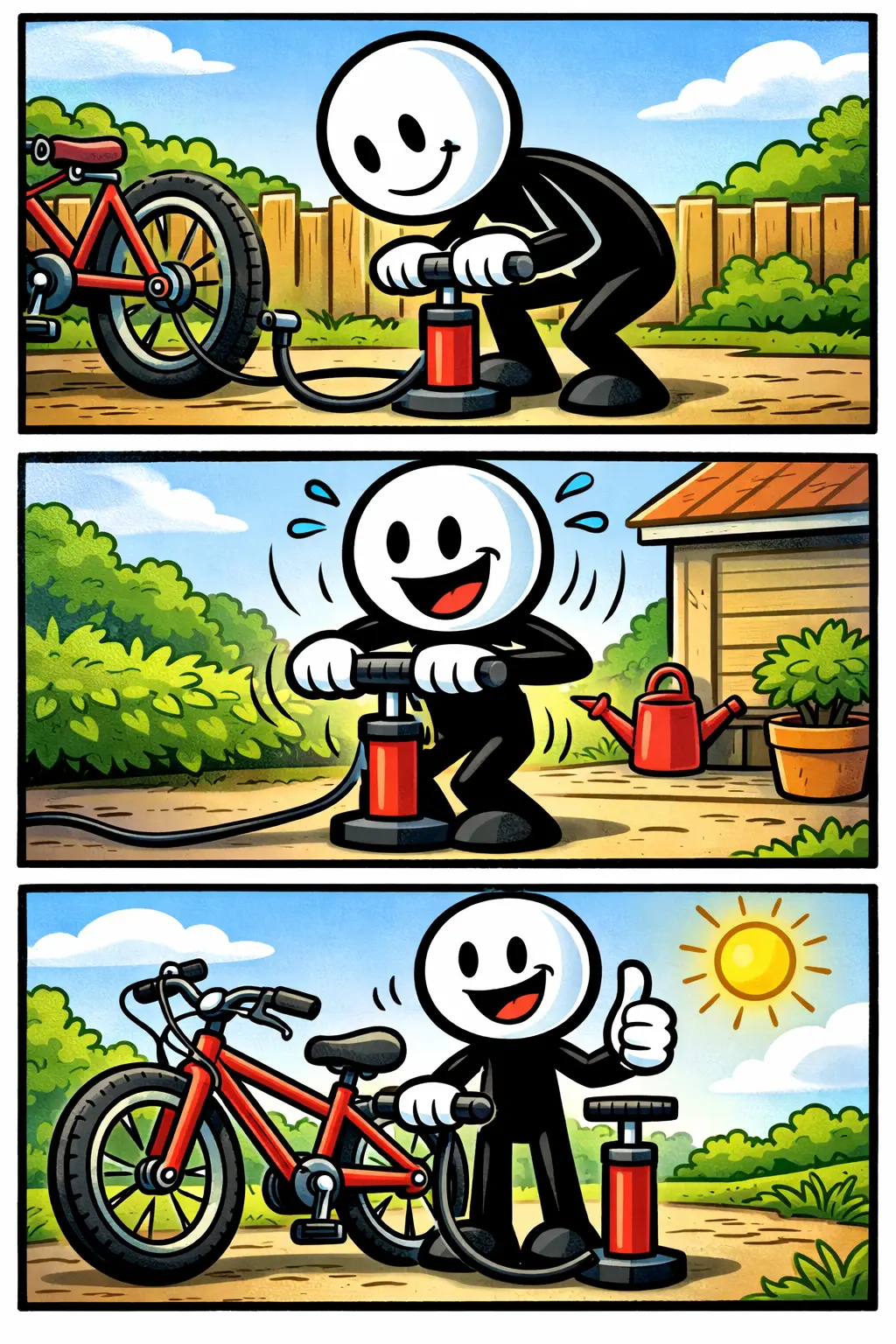 Stickman pompt met een fietspomp een lege fietsband op en toont daarna trots de opgepompte band naast de fiets in een zonnige omgeving.