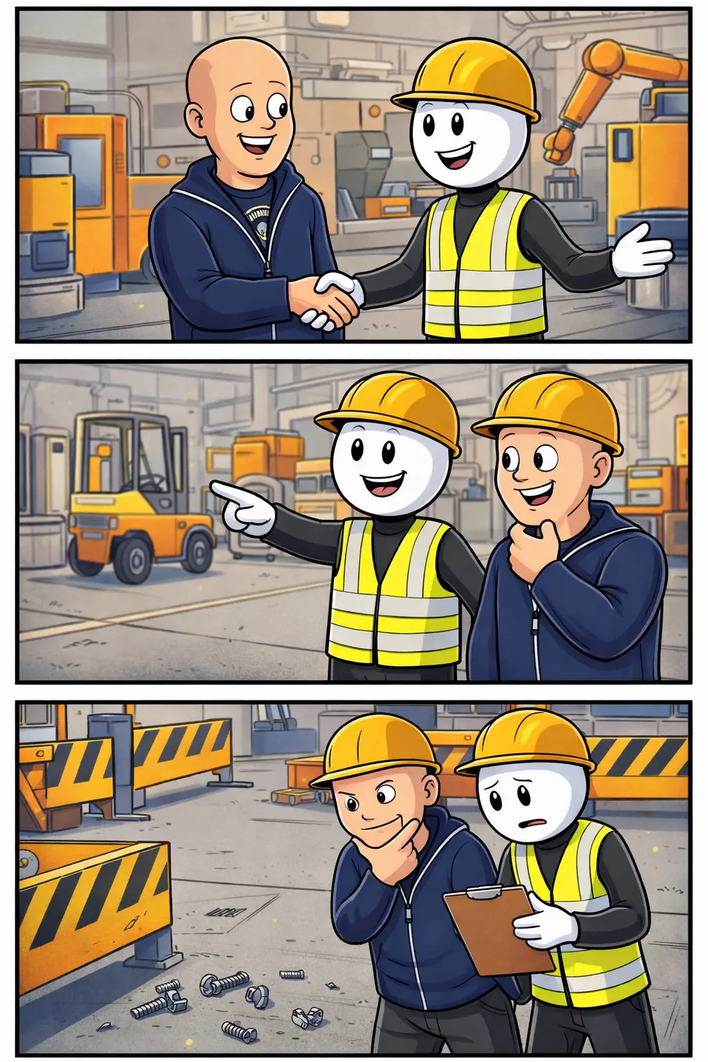 Een Toonwords-afbeelding van de handeling Fred inspecteert de veiligheid, met twee stickfiguren die samen een fabriek controleren.