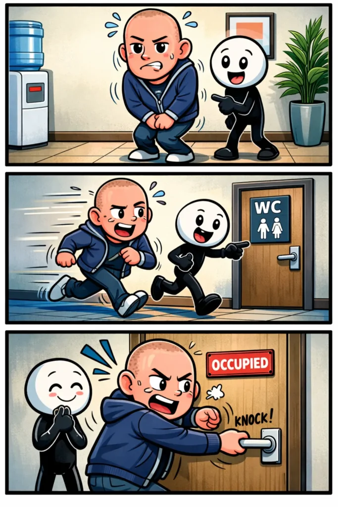 Fred die haastig loopt omdat hij nodig moet plassen