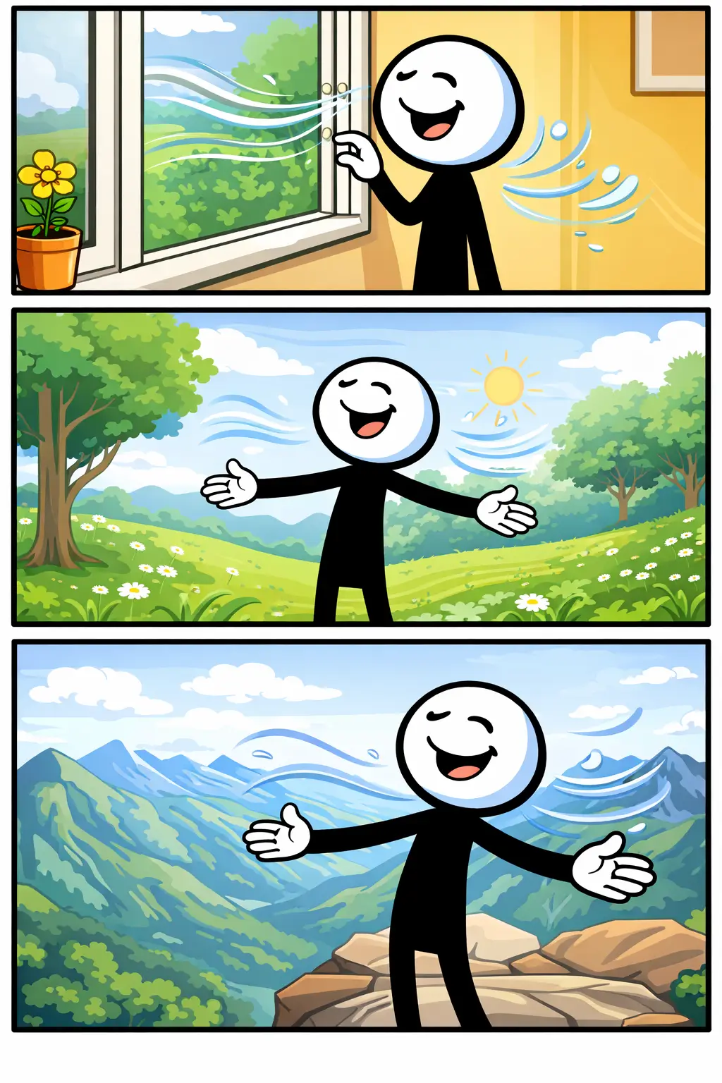 Stickman geniet van Frisse lucht bij een open raam, in een groen park en hoog in de bergen.