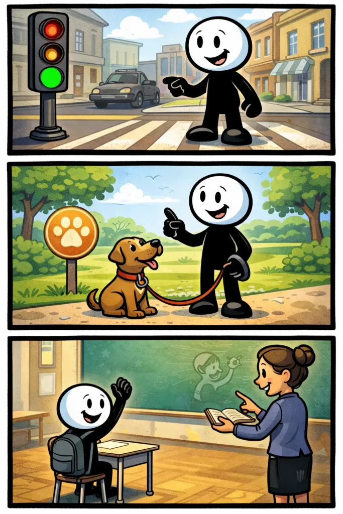 Illustratie van het woord gehoorzaam met scènes waarin iemand duidelijk instructies opvolgt in verschillende situaties.