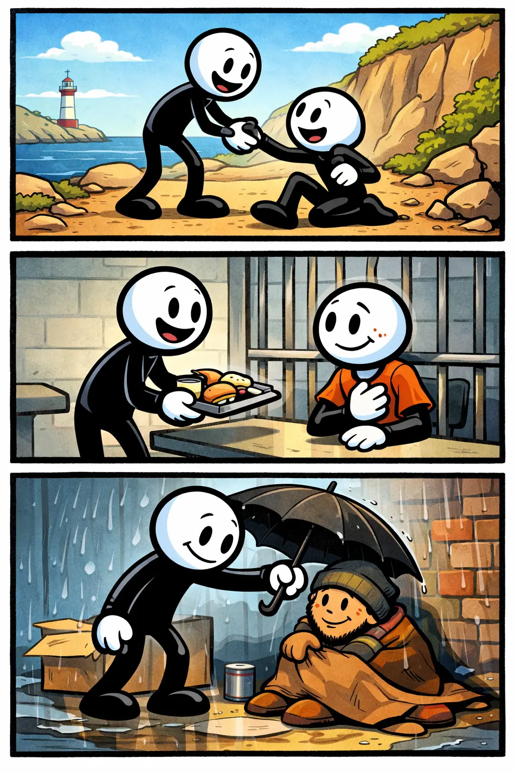 Stickman ontvangt genade en helpt daarna een ander overeind in een warme kleurrijke omgeving.