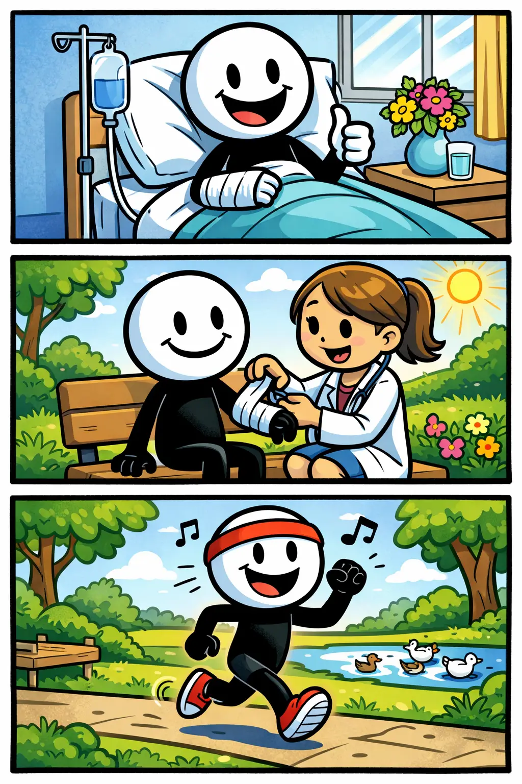 Stickman in herstelmomenten die het woord genezing uitbeeldt.