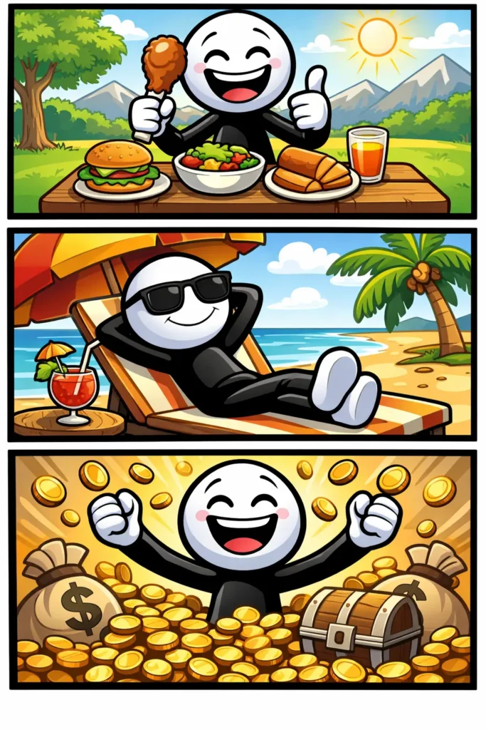 Blije stickman ervaart Genoeg tijdens eten, ontspanning en overvloed in drie verschillende kleurrijke scènes.