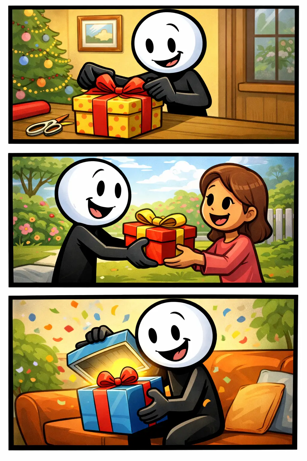 Een Toonwords-afbeelding van een stickman die een geschenk inpakt, geeft en opent, passend bij het woord geschenk.