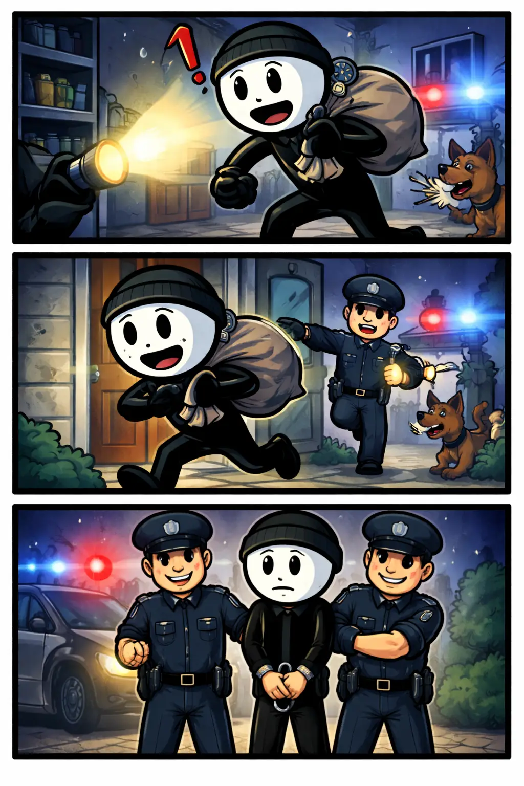 Stripafbeelding over het Nederlandse woord gesnapt worden met een stickfiguur die tijdens verschillende momenten betrapt wordt.