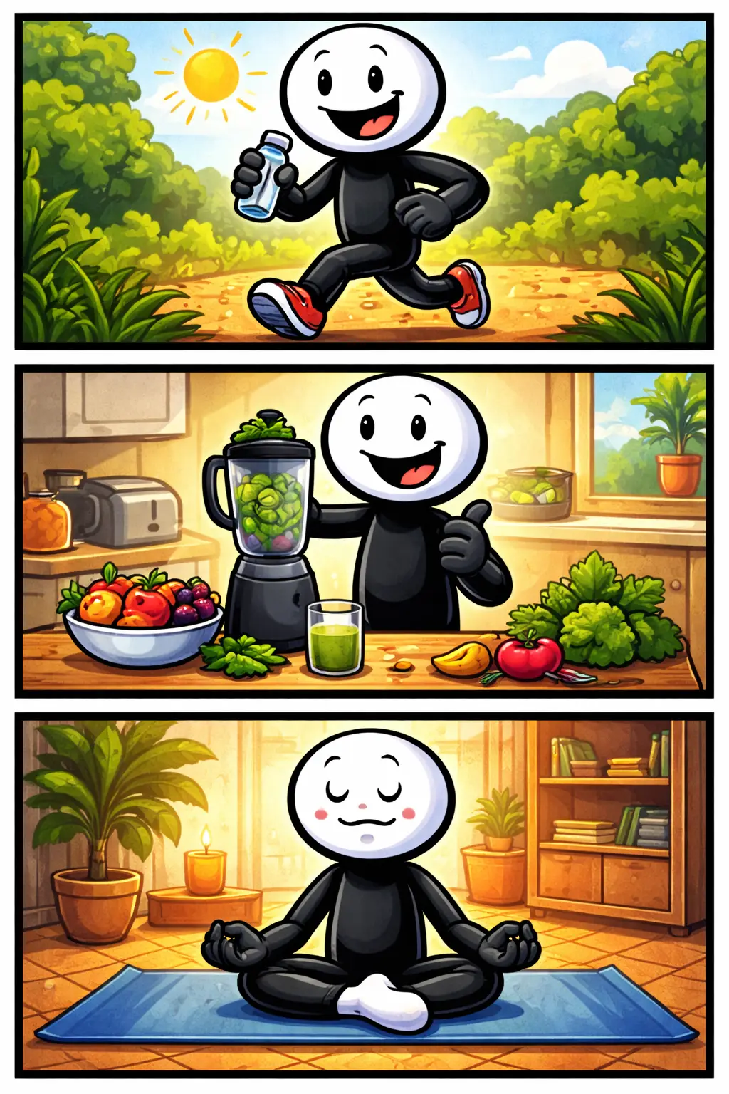 Stickman in drie panelen die een gezonde leefstijl laat zien met bewegen, gezond eten en ontspannen in Toonwords-stijl.