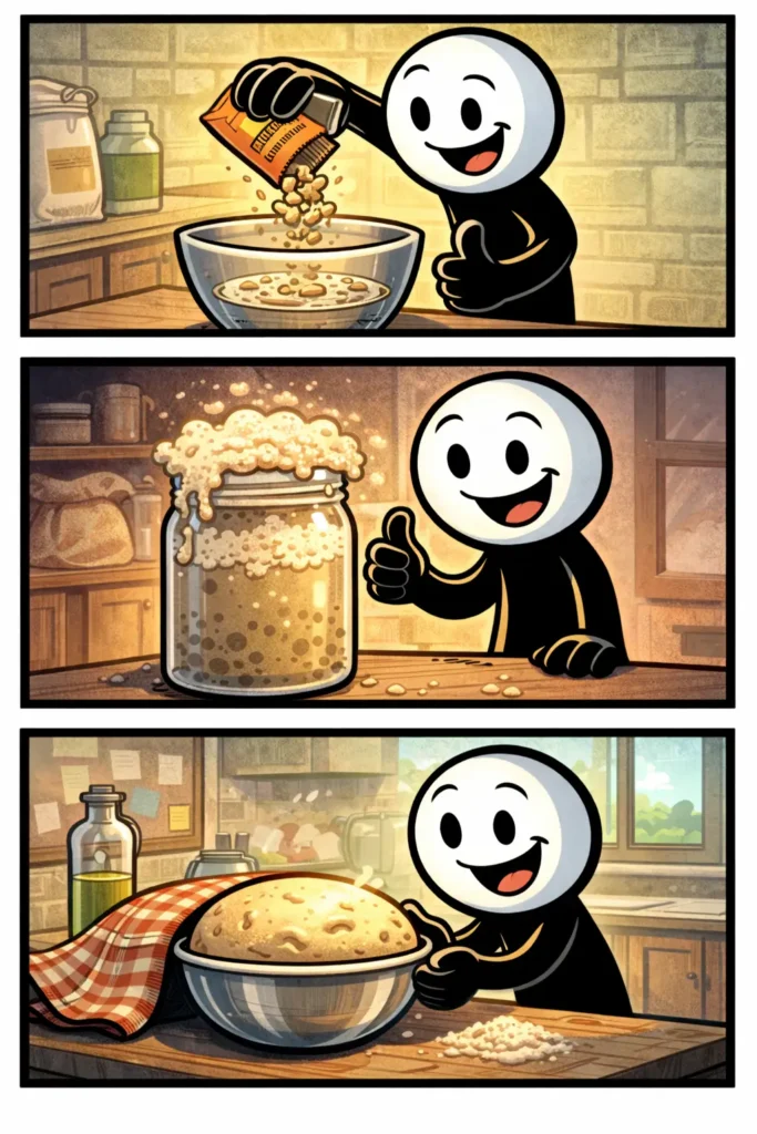 Stickman kijkt naar een mengsel dat begint te gisten met kleine opstijgende belletjes.