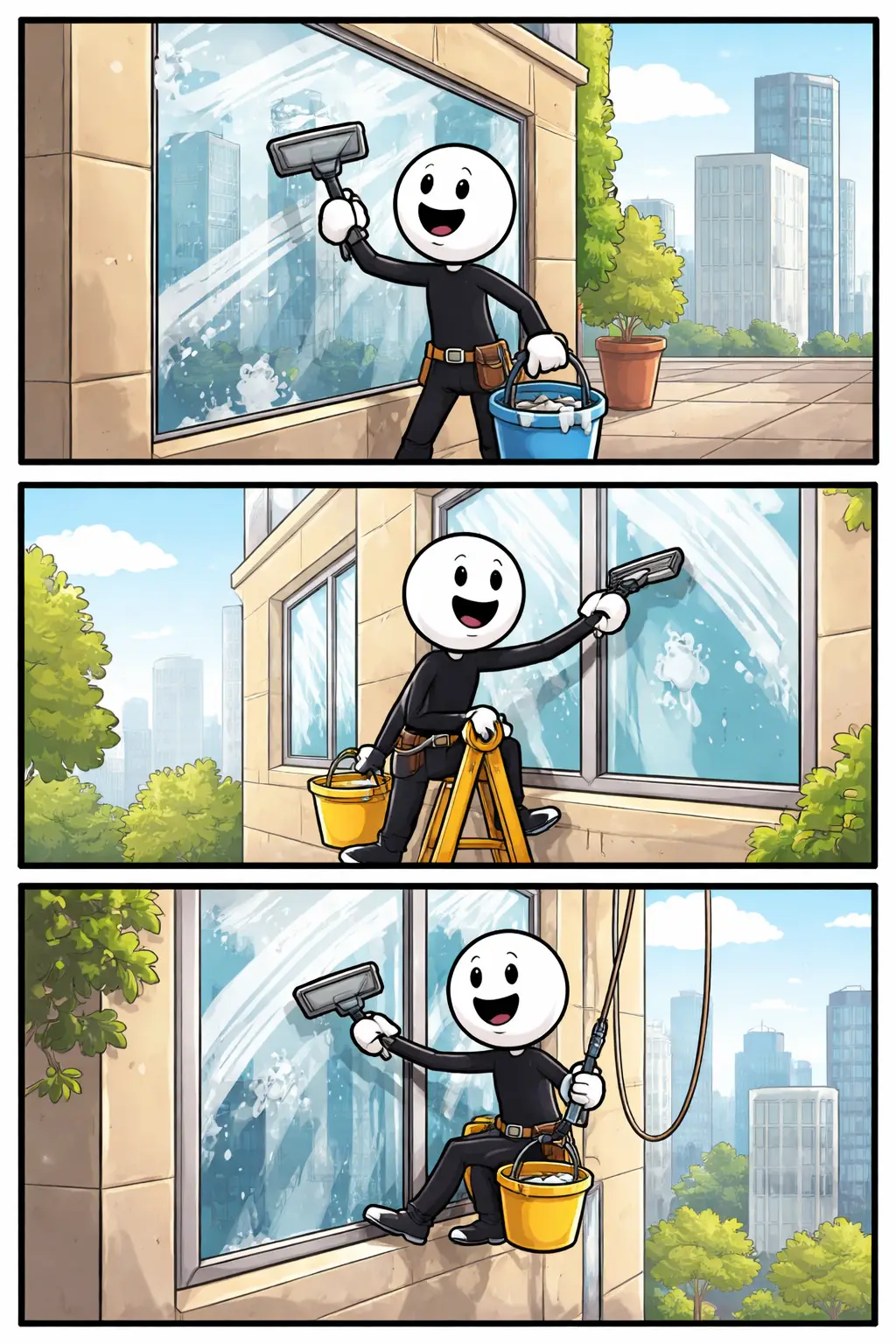 Glazenwasser stickman die in drie panelen ramen schoonmaakt op verschillende hoogtes.