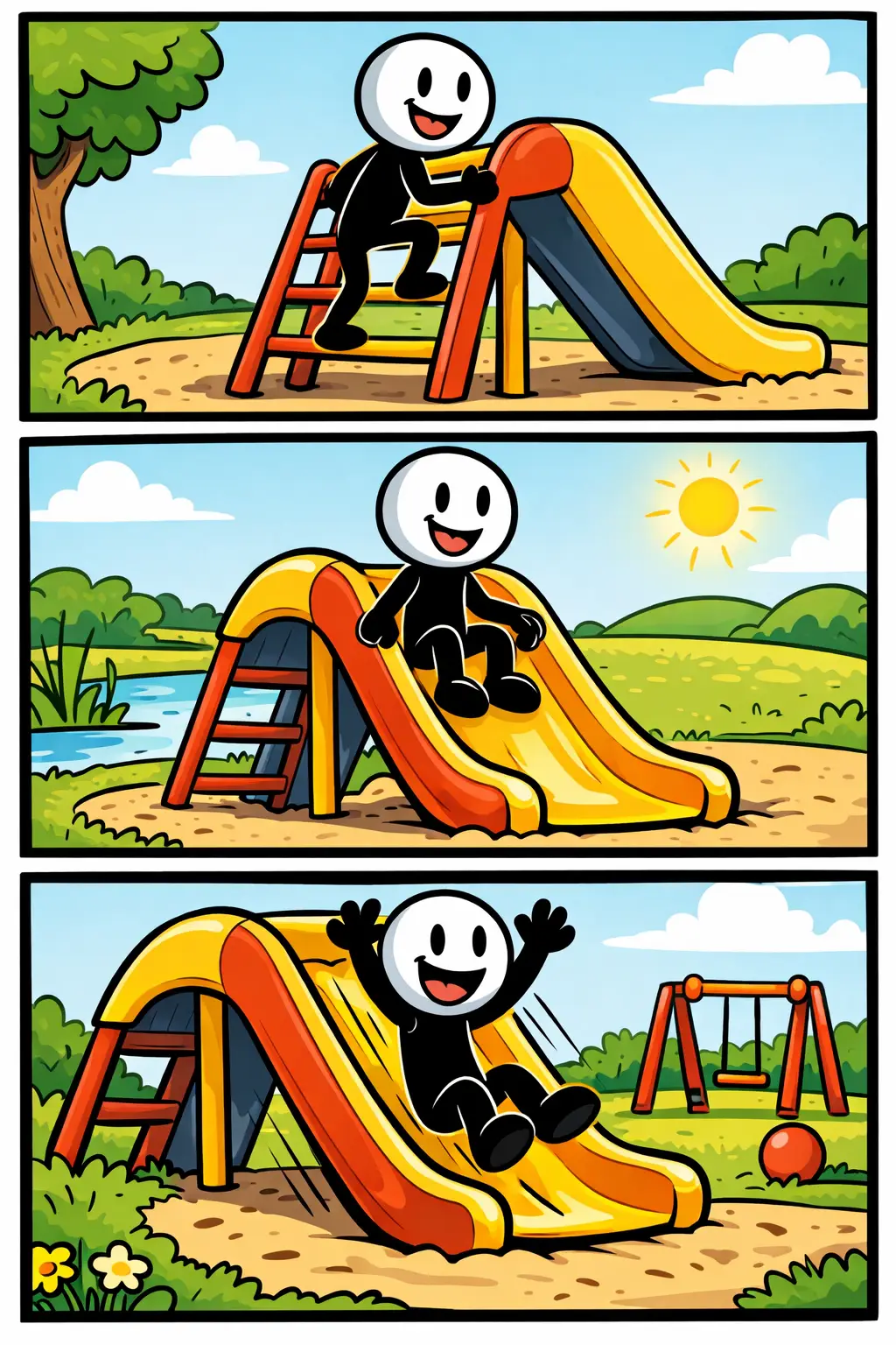 Stickman op een glijbaan die omhoog klimt, gaat zitten en naar beneden glijdt (glijbaan).