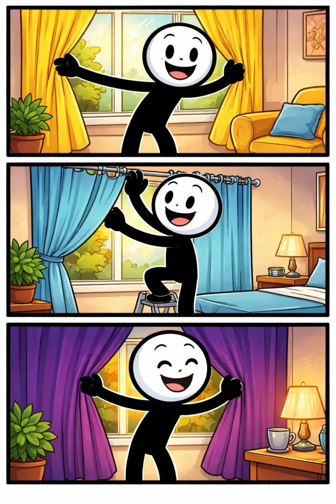 Een toonwords-afbeelding van een gordijn, met een stickman die in verschillende situaties het gordijn opent, sluit of verplaatst.