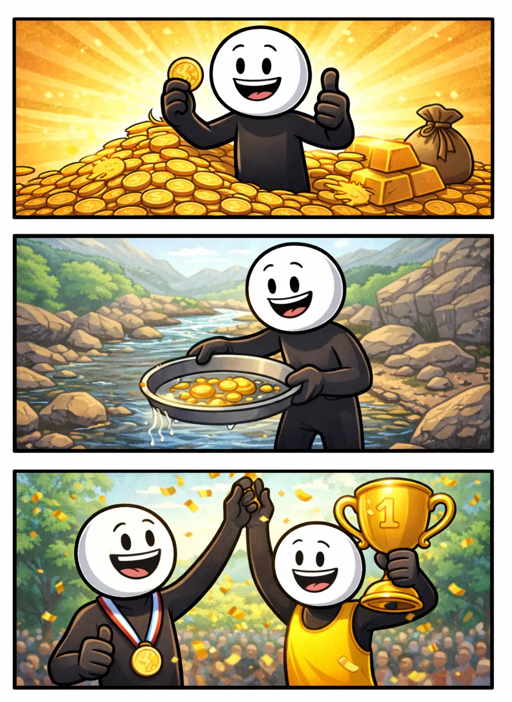 Stripafbeelding van het Toonword Goud met een vrolijke stickman in gouden scènes.