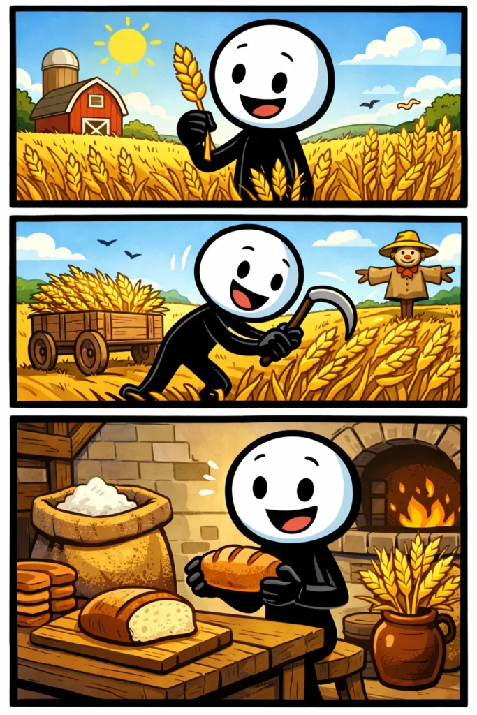 Stripafbeelding van een stickman die werkt met graan in drie panelen, met het Nederlandse woord graan als thema.