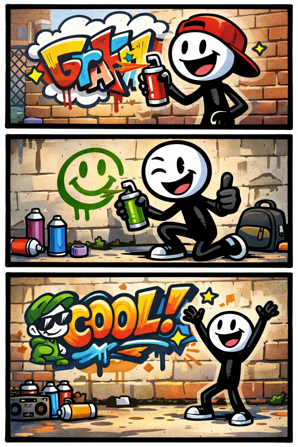 Stripafbeelding van een stickman die graffiti spuit op een bakstenen muur en trots het resultaat laat zien.