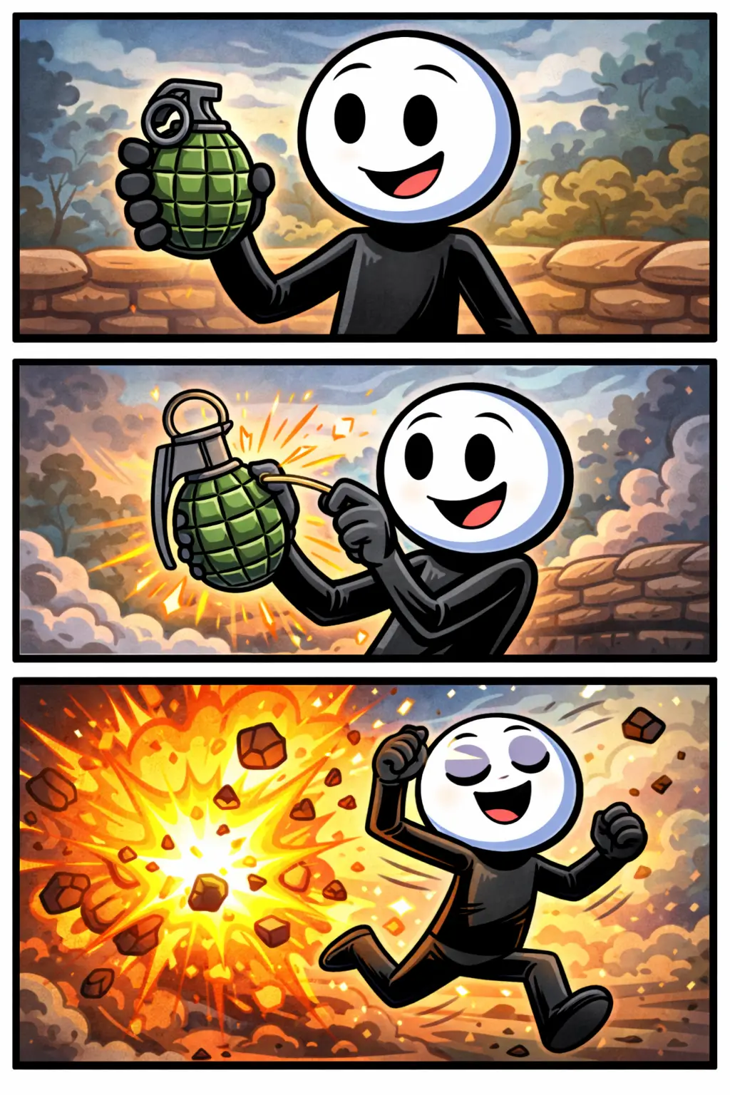 Stickman in drie panelen die verschillende momenten met een granaat laat zien.