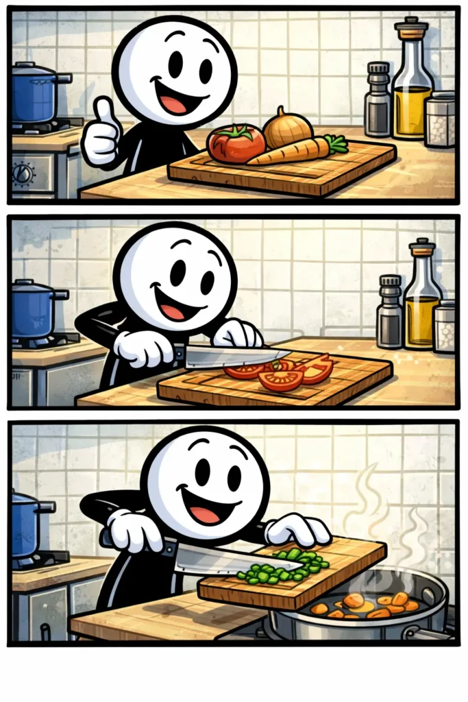 Hakblok in een keuken met een stickman die groenten snijdt op het hakblok.
