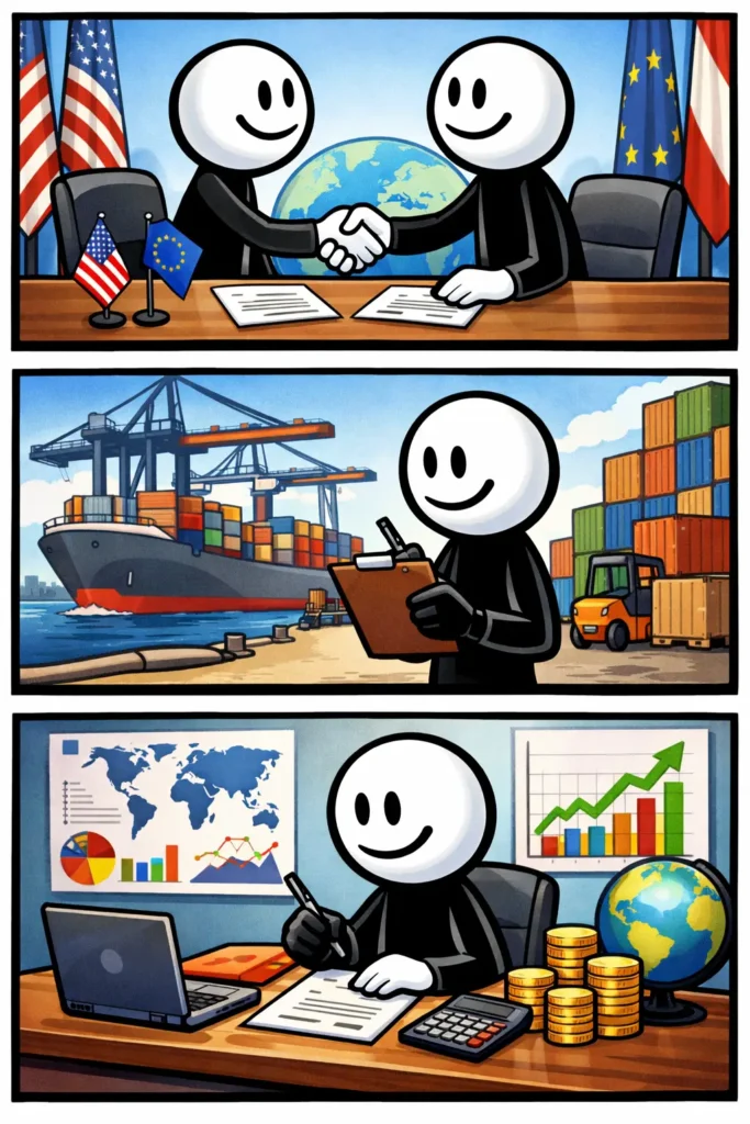Toonwords-afbeelding met een stickman die drie scènes rond een handelsakkoord toont.