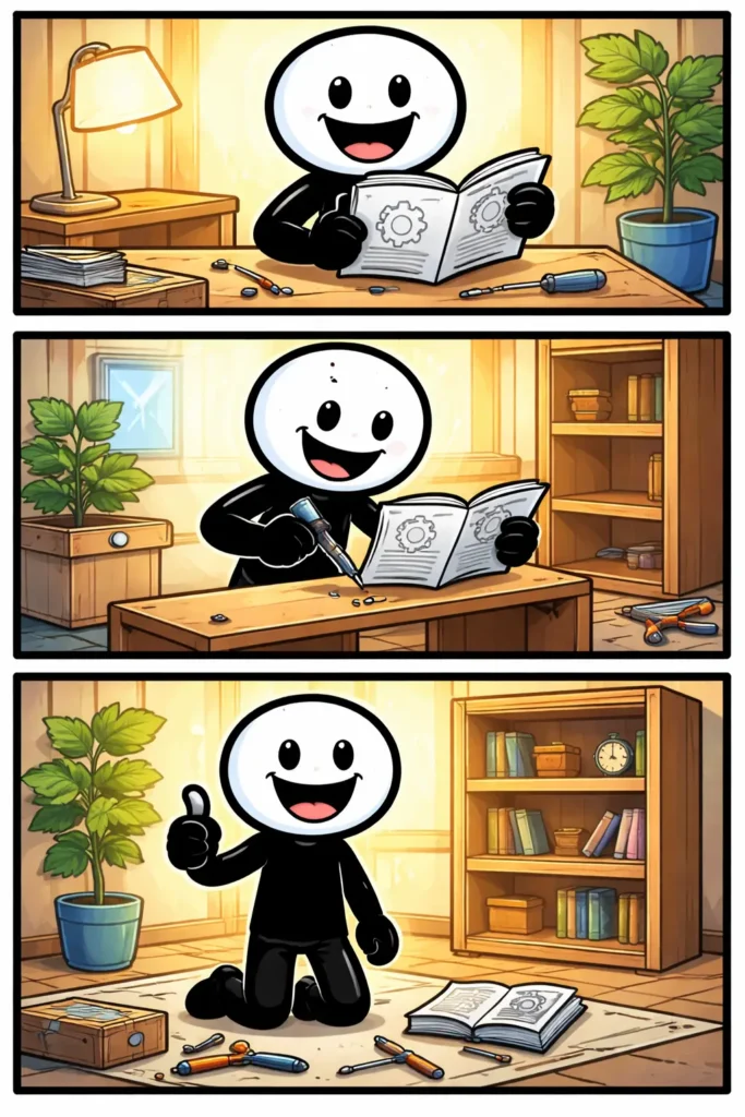 Stripafbeelding van het woord Handleiding met een stickman die in drie scènes een boekje leest en stap voor stap iets opbouwt volgens aanwijzingen.