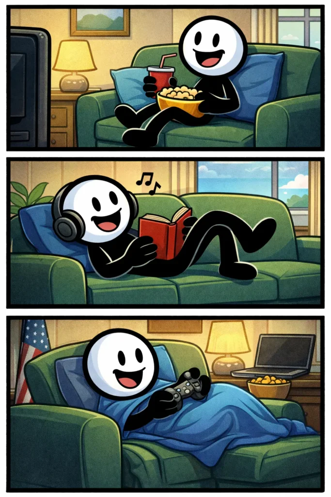 Een Toonwords-afbeelding van het woord hangen op de bank met een stickman die in drie panelen ontspannen activiteiten op de bank doet.