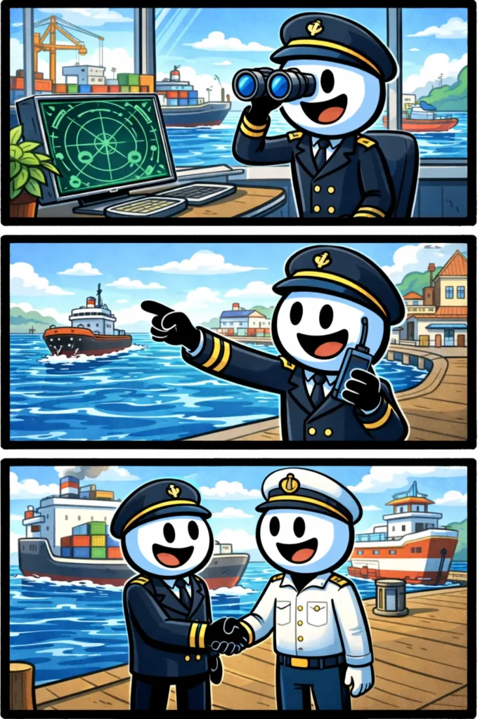 Stickman havenmeester kijkt op radar, geeft aanwijzingen aan de kade en schudt handen met een kapitein bij de haven.