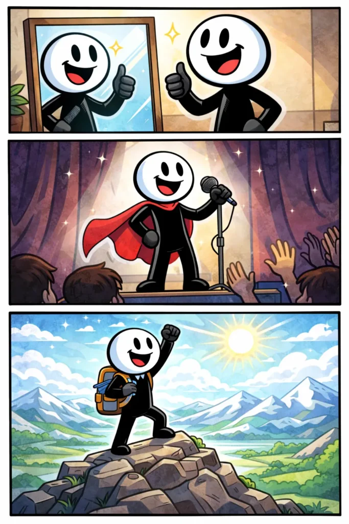 Een Toonwords-strip met drie panelen waarin een stickman twijfelt, zich herpakt en uiteindelijk straalt met de boodschap Heb vertrouwen in jezelf.