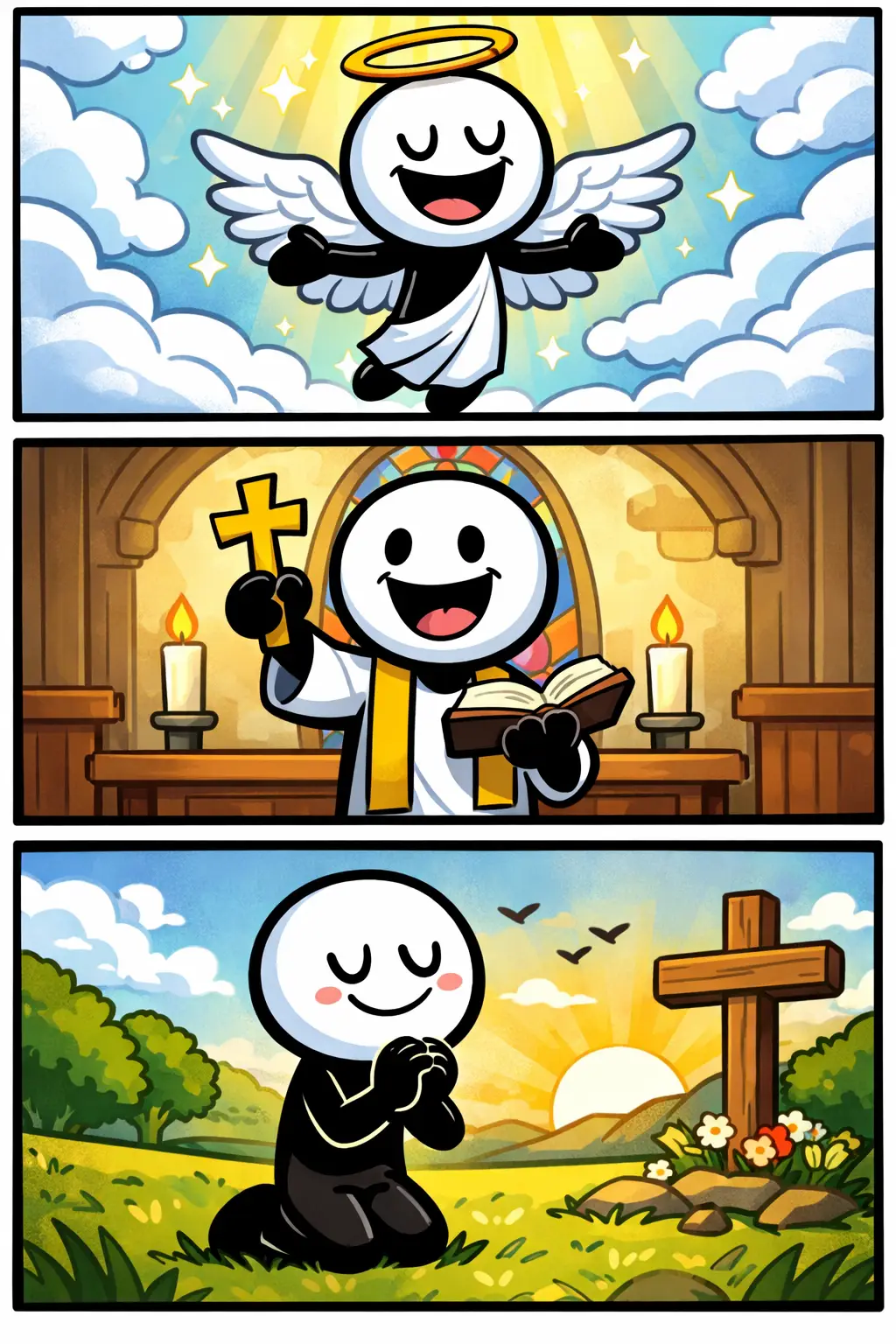 Stripafbeelding van het woord Heilig met een stickman in drie verschillende scènes die respectvol omgaat met iets dat als bijzonder en spiritueel wordt gezien.