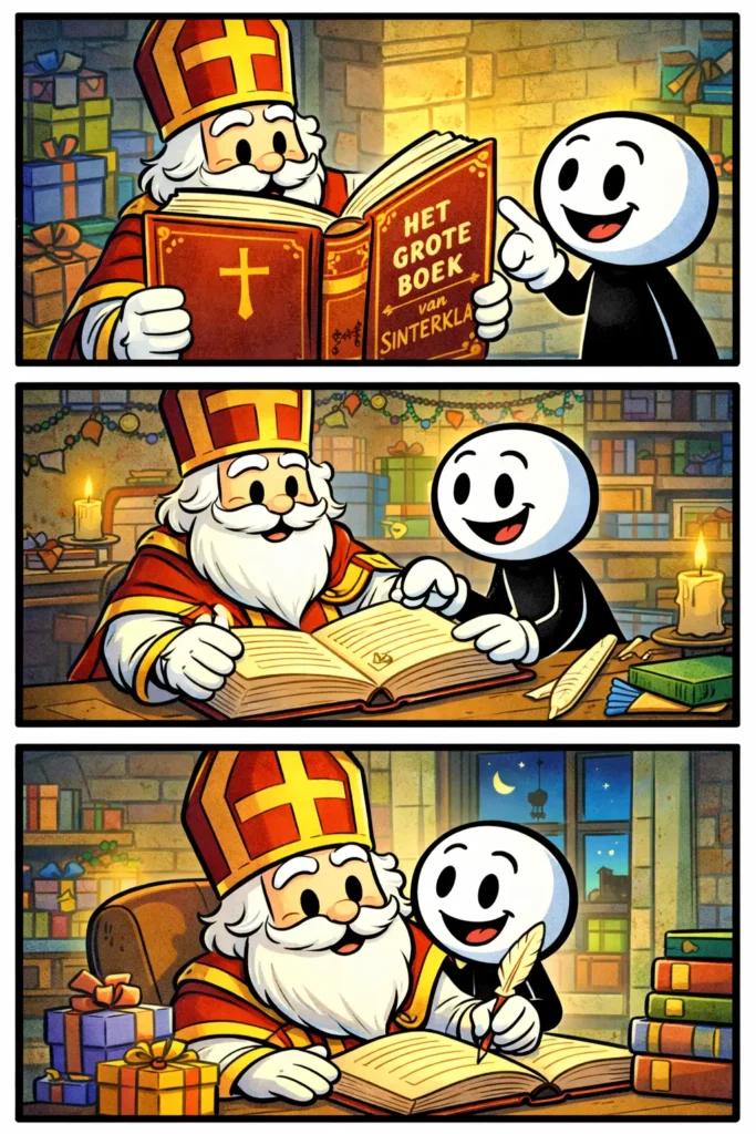 Stripafbeelding van een stickman die een groot rood boek met gouden versieringen opent en bekijkt in een warme feestelijke setting.