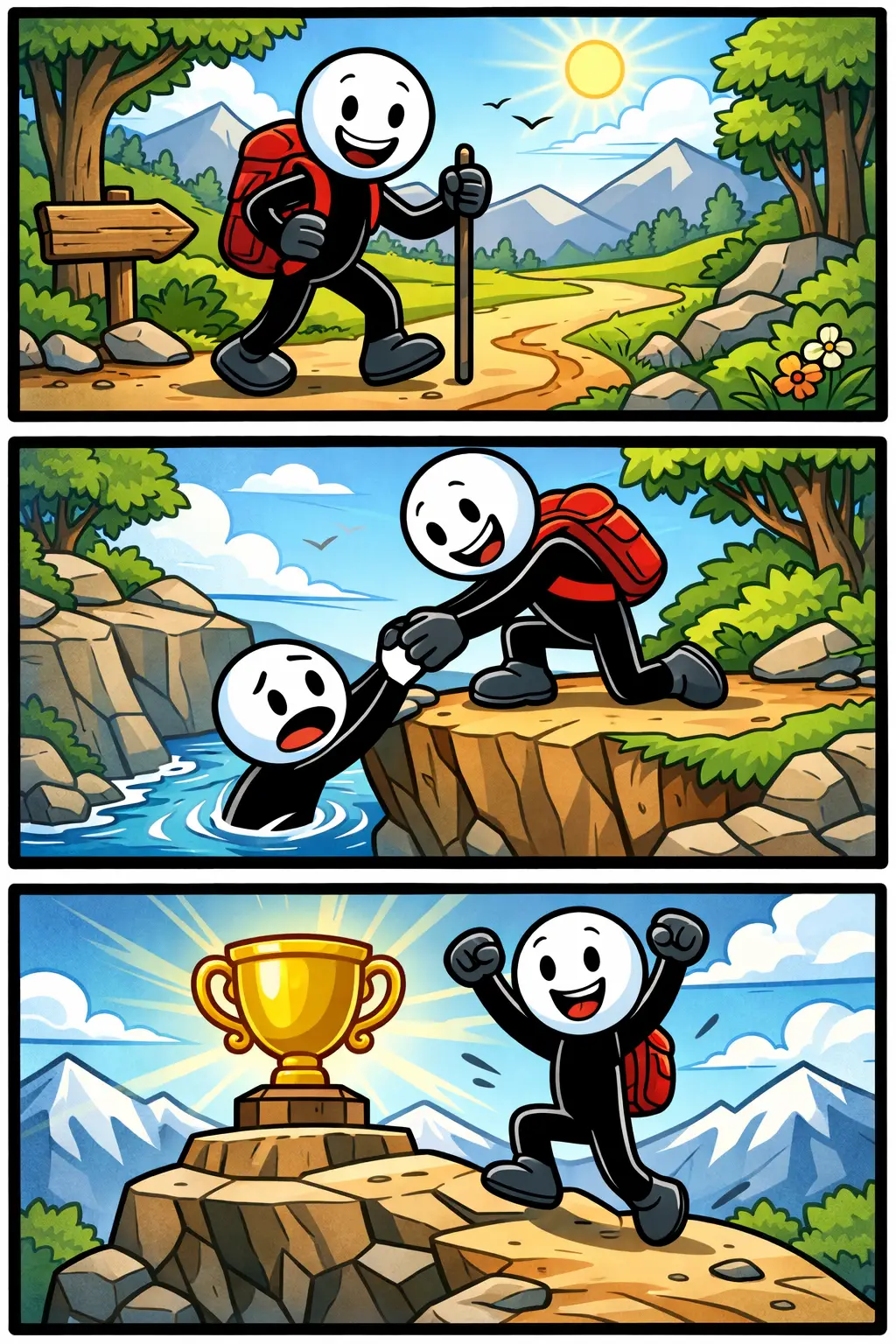 Stickman die het juiste pad bewandelt op een splitsing in een kleurrijk landschap.