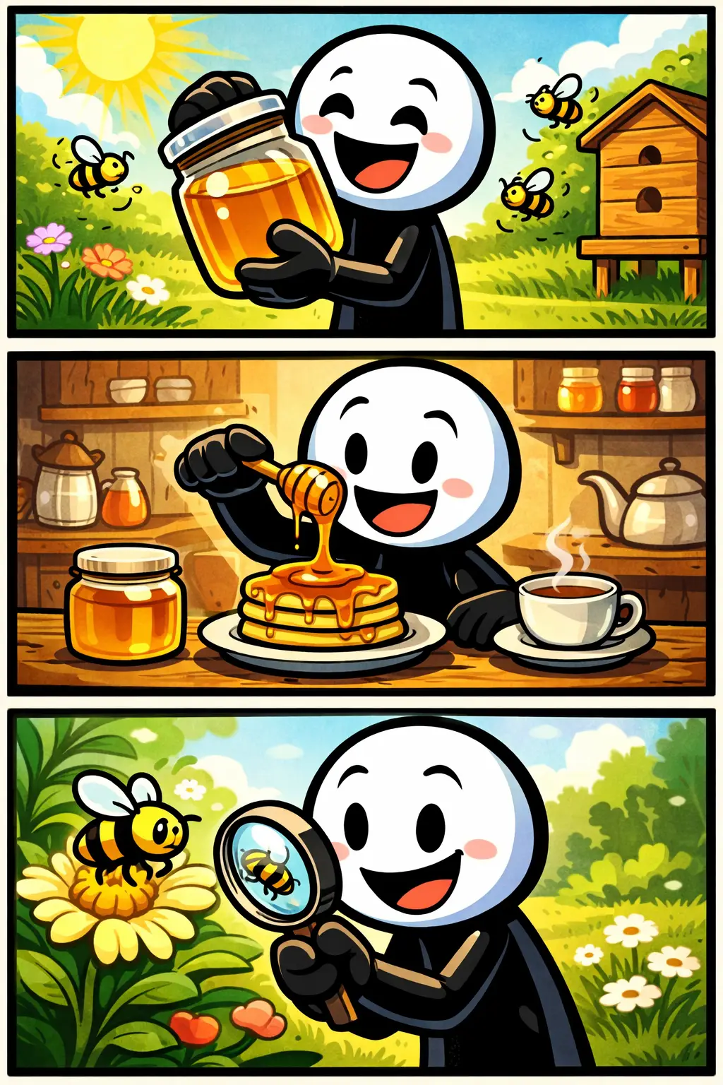 Stickman houdt een pot goudkleurige honing vast, giet honing over pannenkoeken en bekijkt een bij van dichtbij – Honing.
