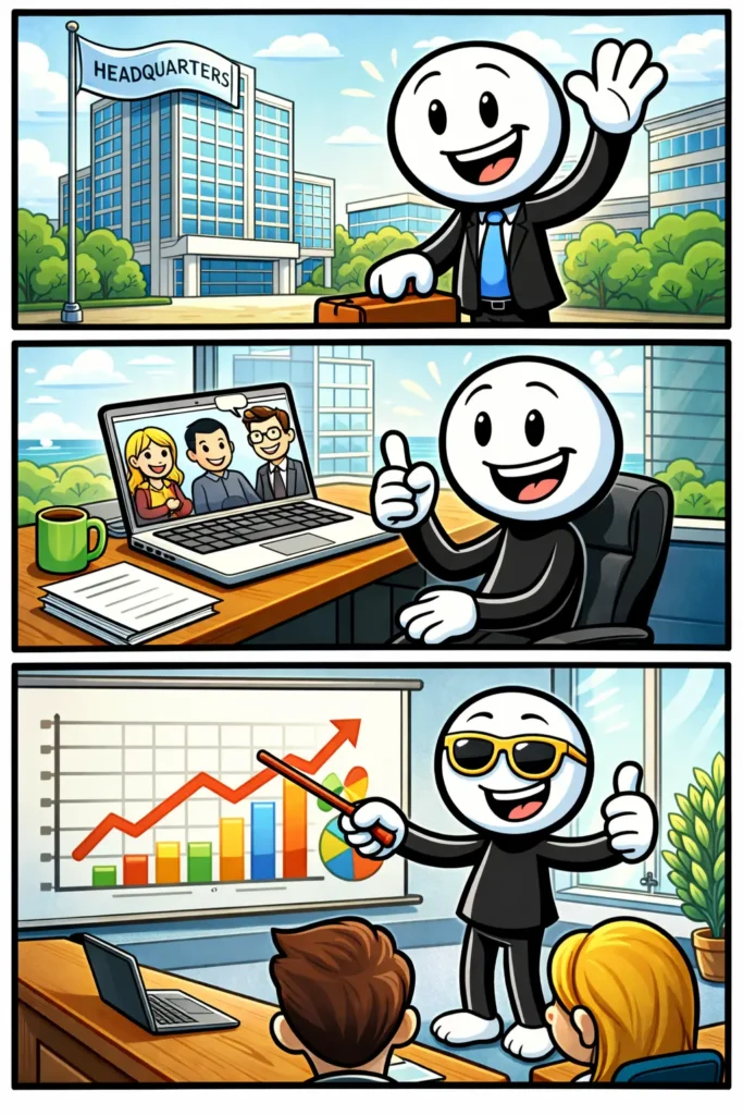 Stickman presenteert trots in een modern hoofdkantoor met grafiek op scherm en collega’s die luisteren.