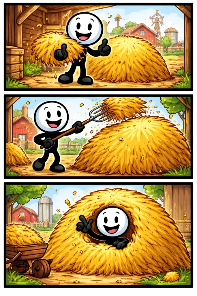 Hooiberg met een stickman in een landelijke omgeving die een berg hooi toont.