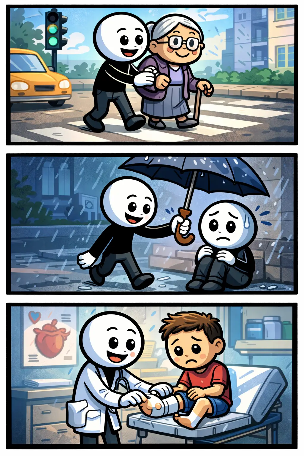 Stripafbeelding van het toonword Hulp met een stickman die in drie verschillende situaties anderen ondersteunt in uiteenlopende omgevingen.