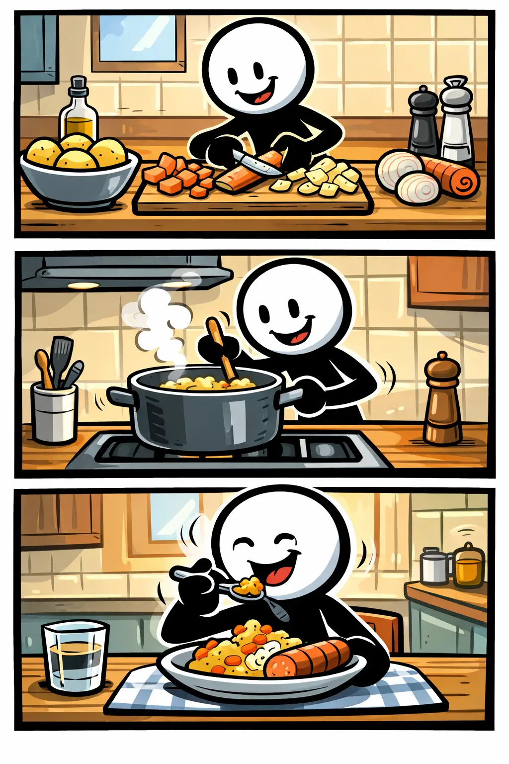 Stripafbeelding van het Toonwords-woord hutspot met stickman die hutspot bereidt en opeet.