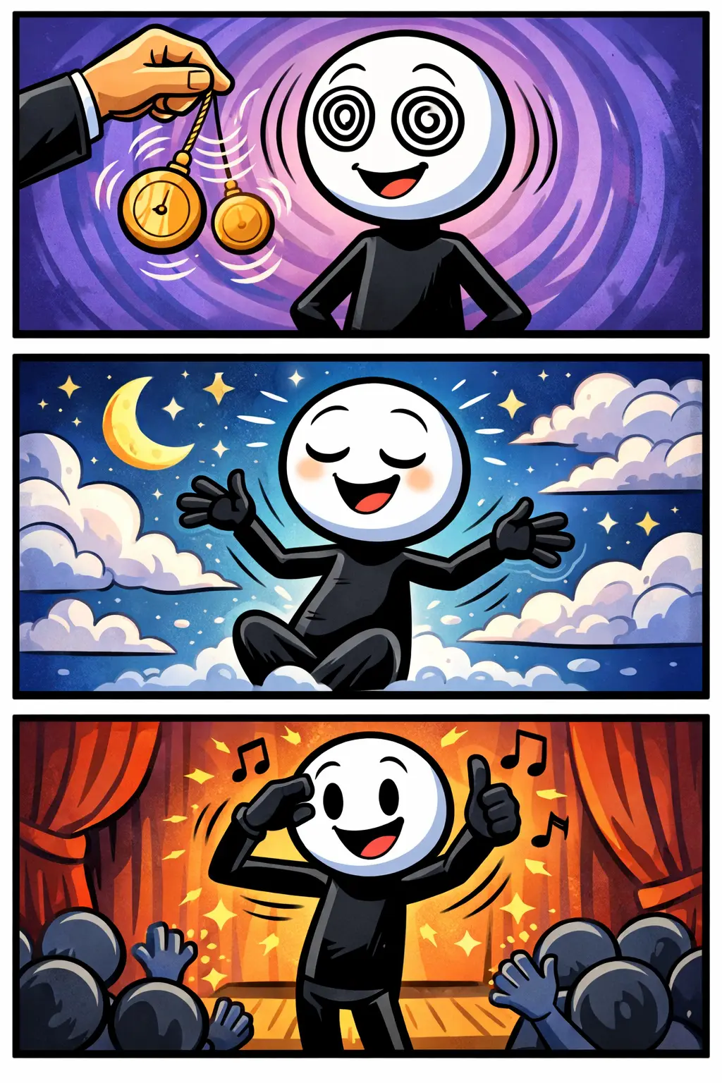 Stickman in drie panelen die verschillende momenten van hypnose toont.