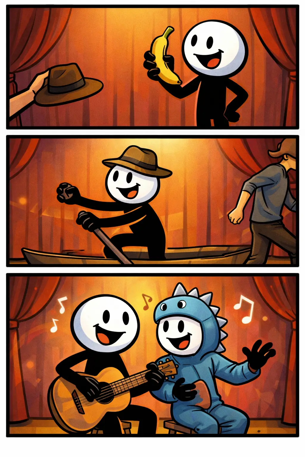 Stickman voert Improvisatie uit op een podium in drie scènes met verschillende spontane handelingen.