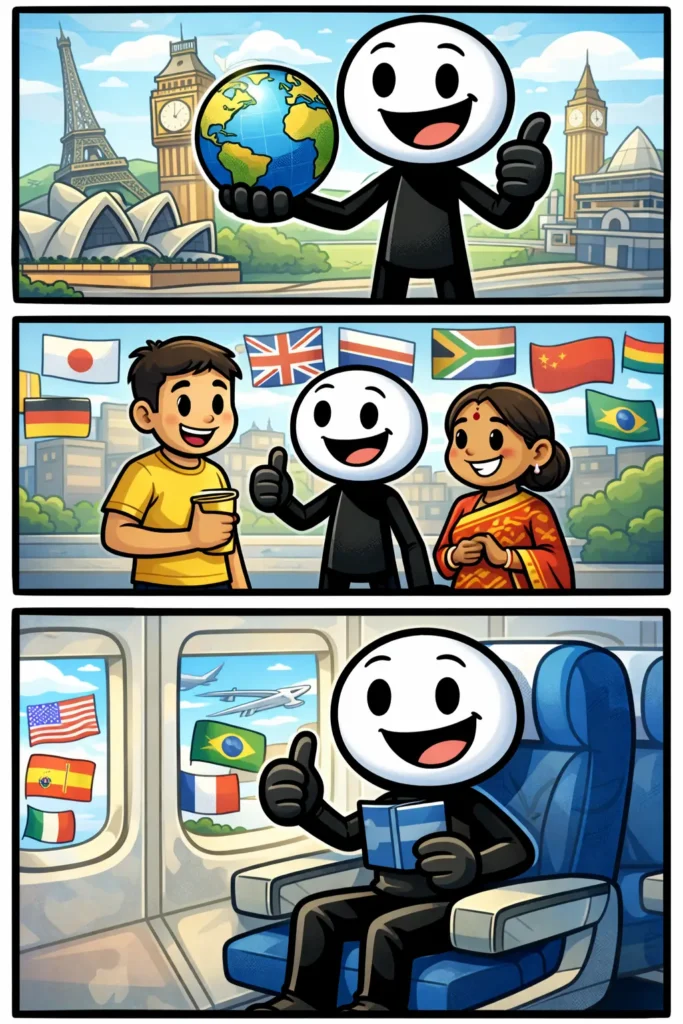 Afbeelding in Toonwords-stijl van een stickman in een internationale omgeving passend bij het woord internationaal.