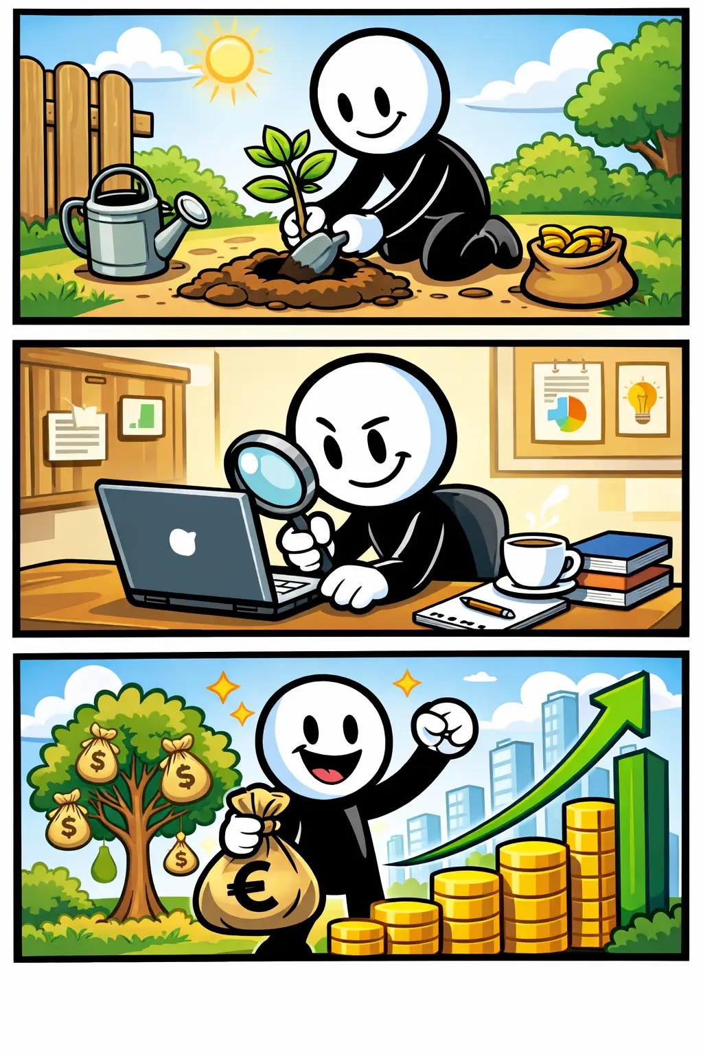 Een Toonwords-stickman die verschillende momenten van een investering laat zien in drie panelen, passend bij het woord investering.