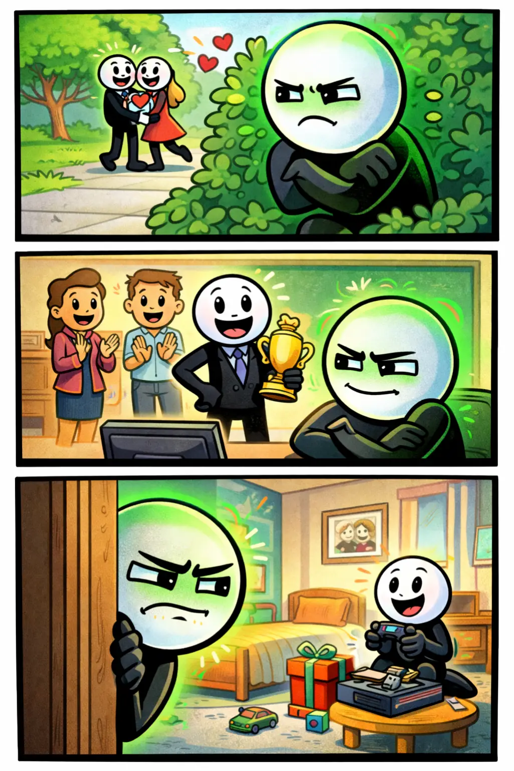 en stickman ervaart jaloezie in drie scènes waarin een ander iets bijzonders krijgt en de houding zichtbaar verandert.