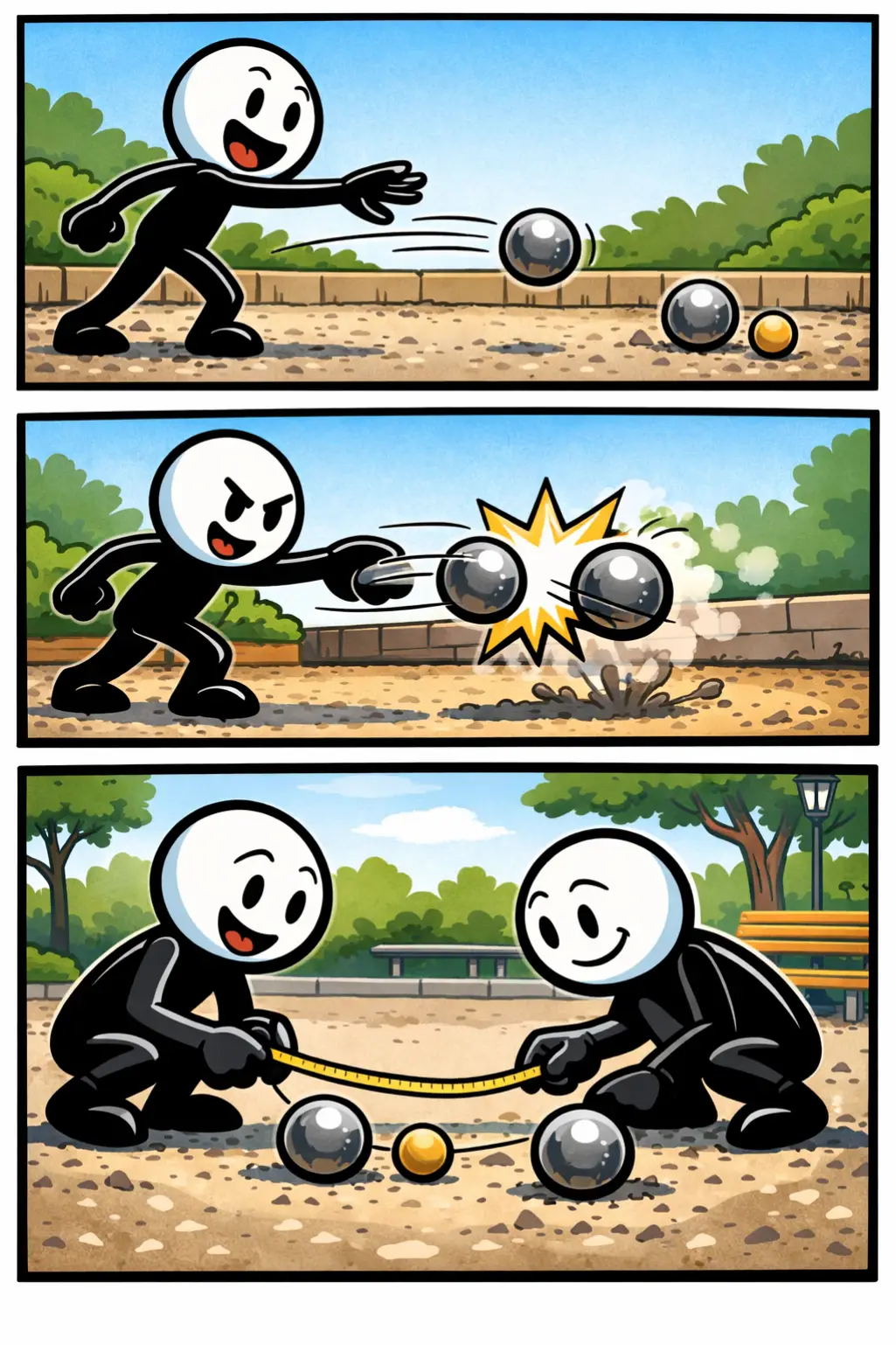 Drie panelen onder elkaar met zwarte kaders waarin twee stickfiguren Jeu de boules spelen op een grindveld; in het eerste paneel wordt een metalen bal richting het kleine houten balletje gegooid, in het tweede paneel wordt een bal weggeschoten, en in het derde paneel meten twee sticks met een meetlint welke bal het dichtst bij het doel ligt.