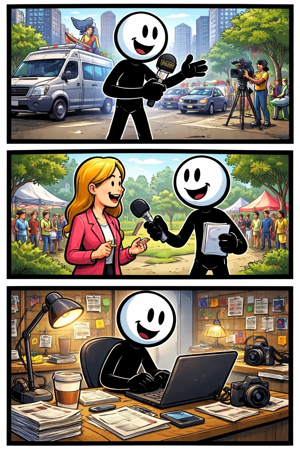 Een Toonwords-strip met een stickman die als journalist verslag doet, interviews afneemt en schrijft, passend bij het Nederlandse woord journalist.