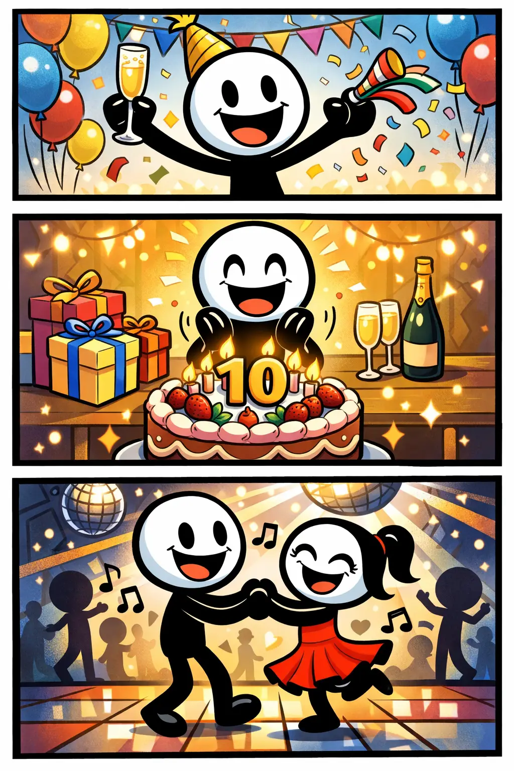 Stripafbeelding van een jubileum in Toonwords-stijl met een stickman die verschillende feestelijke momenten meemaakt.