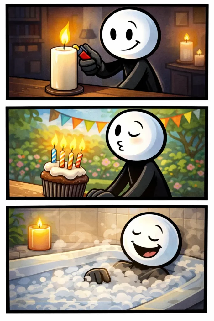 Een Toonwords-afbeelding van een stickman die een kaars aansteekt, neerzet en uitblaast, passend bij het woord kaars.