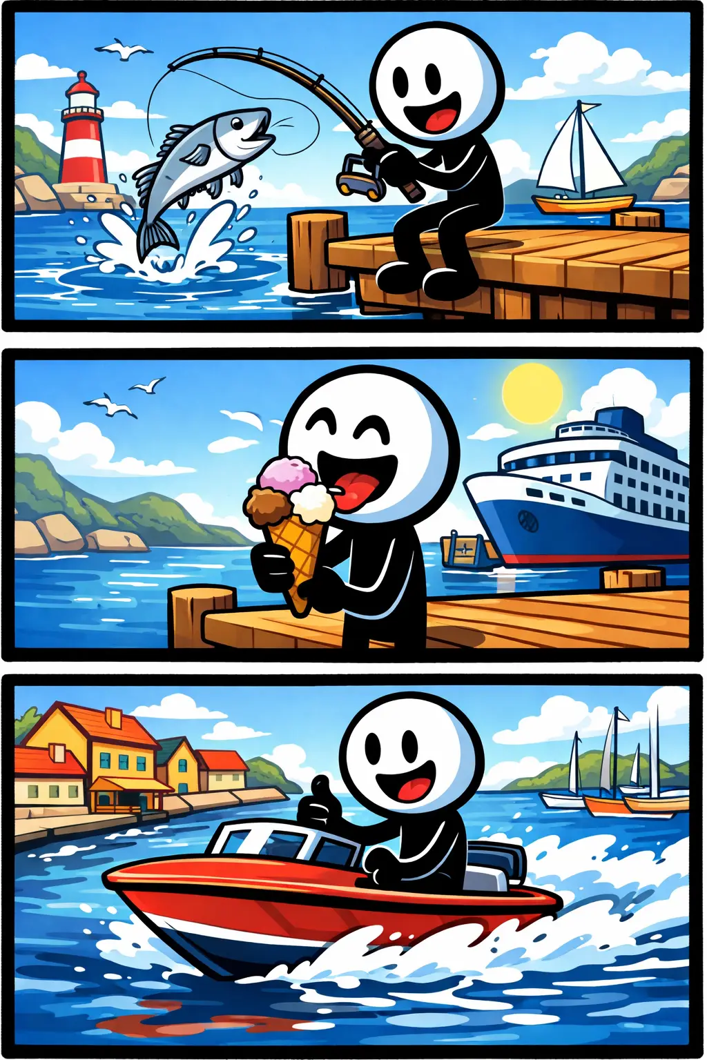 Stickman zit, eet ijs en vaart bij een kade met vrolijke sfeer en water op de achtergrond.